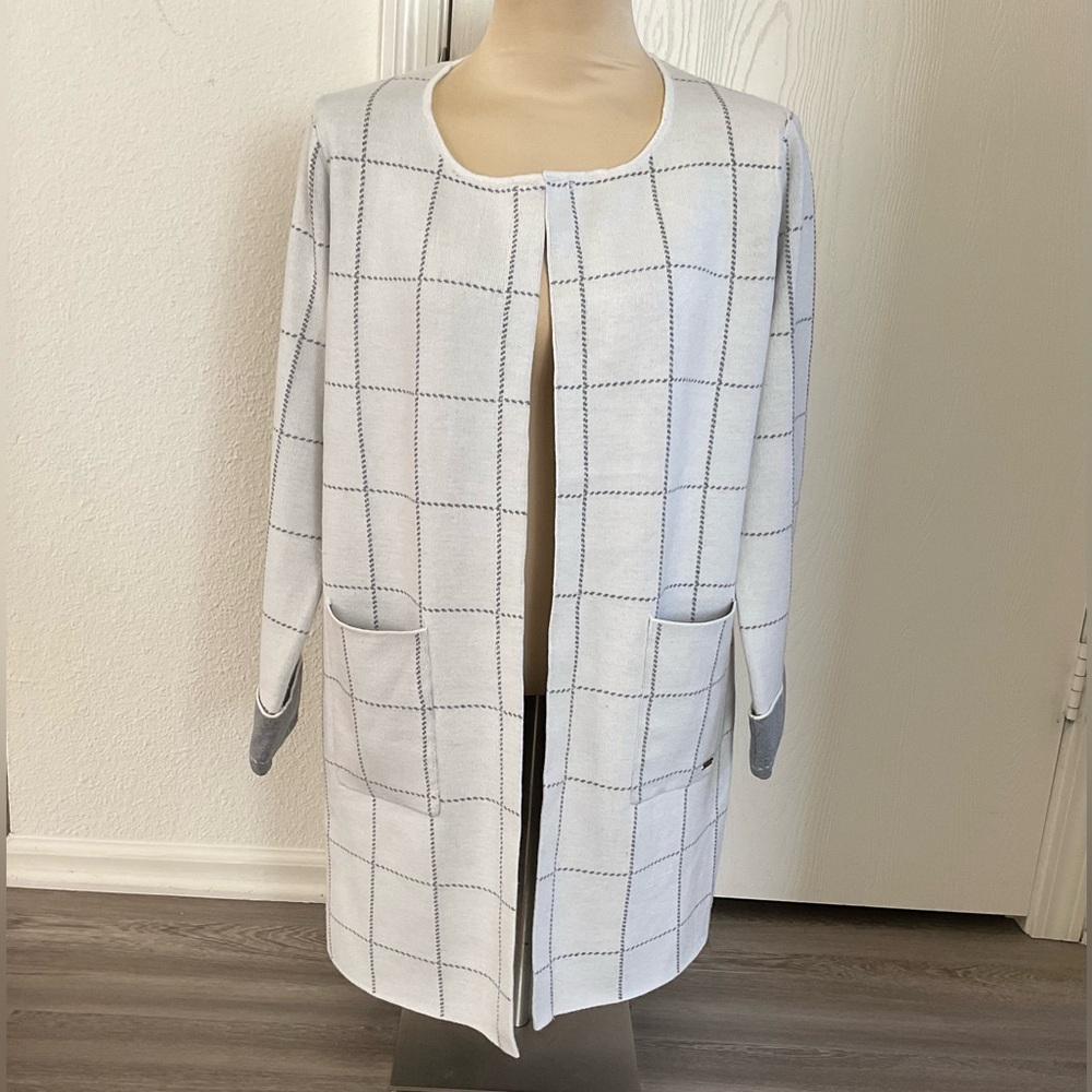 Picadilly Sweater Canada Open Front Cardigan Women's Gray White Plaid M